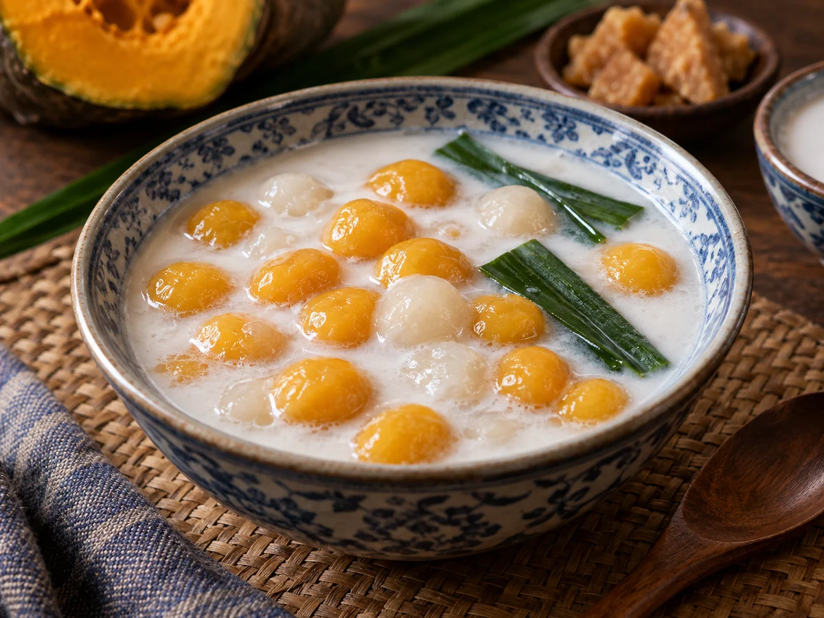 Bua loy (klibbiga risbollar i varm kokosmjölk), thailändska rätt från Behnaz kök