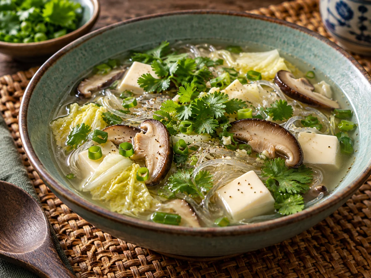 Gaeng jued med tofu och glasnudlar, thailändska rätt från Behnaz kök