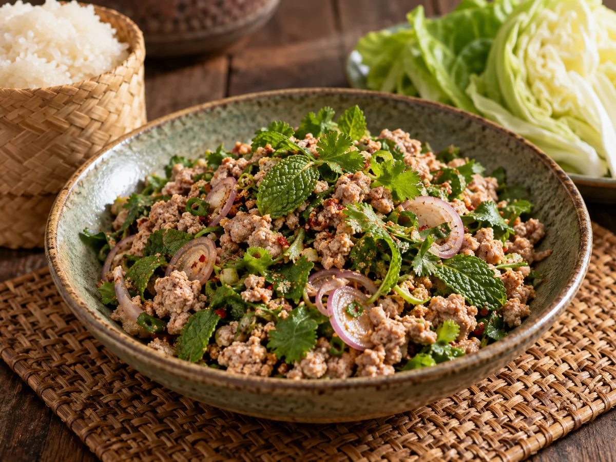 Larb (fläskfärssallad från Isaan), thailändska rätt från Behnaz kök