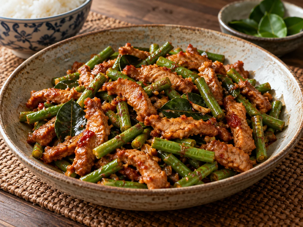 Pad prik king med fläsk och gröna bönor, thailändska rätt från Behnaz kök