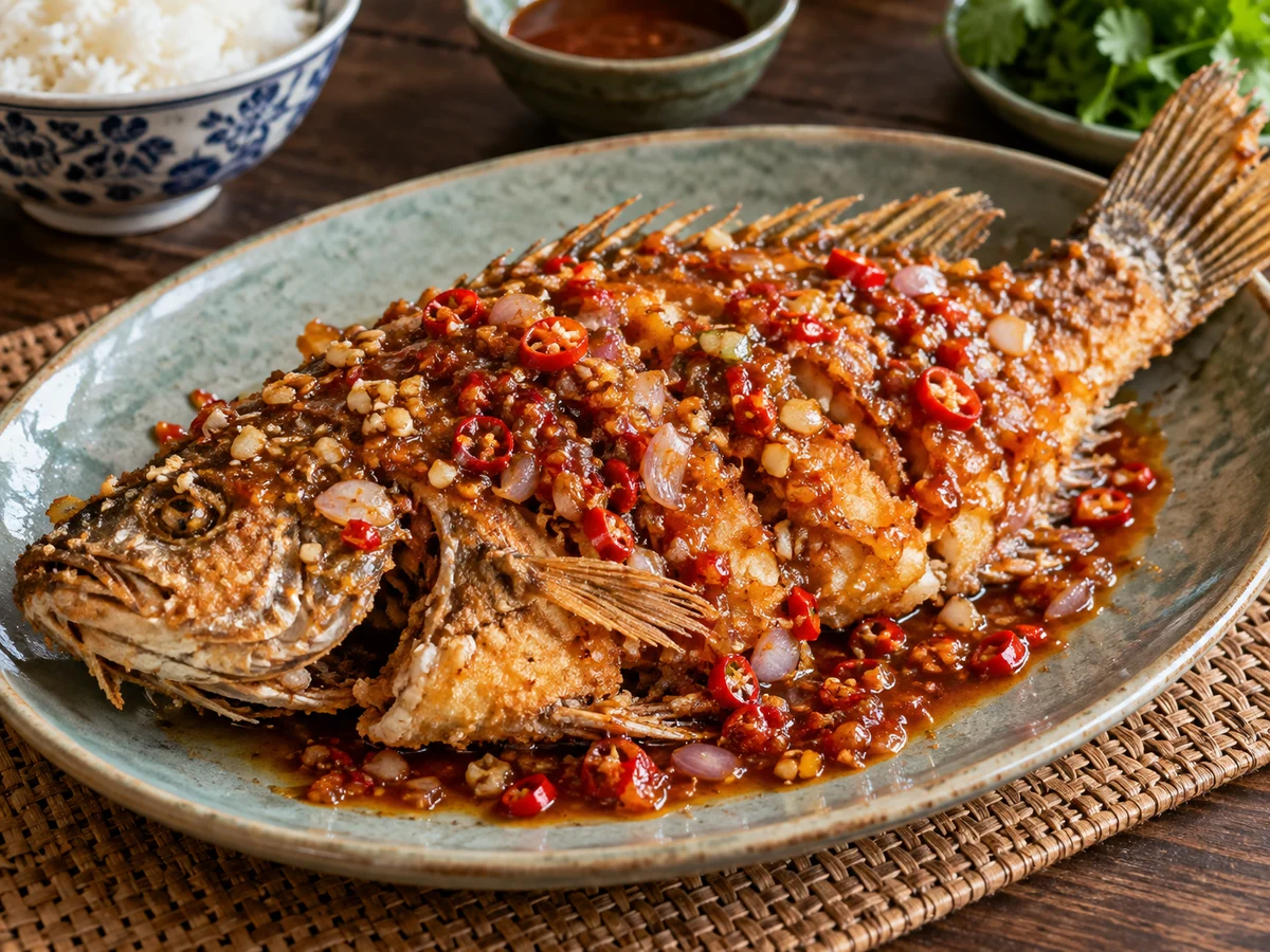 Pla rad prik (friterad fisk med chilisås), thailändska rätt från Behnaz kök