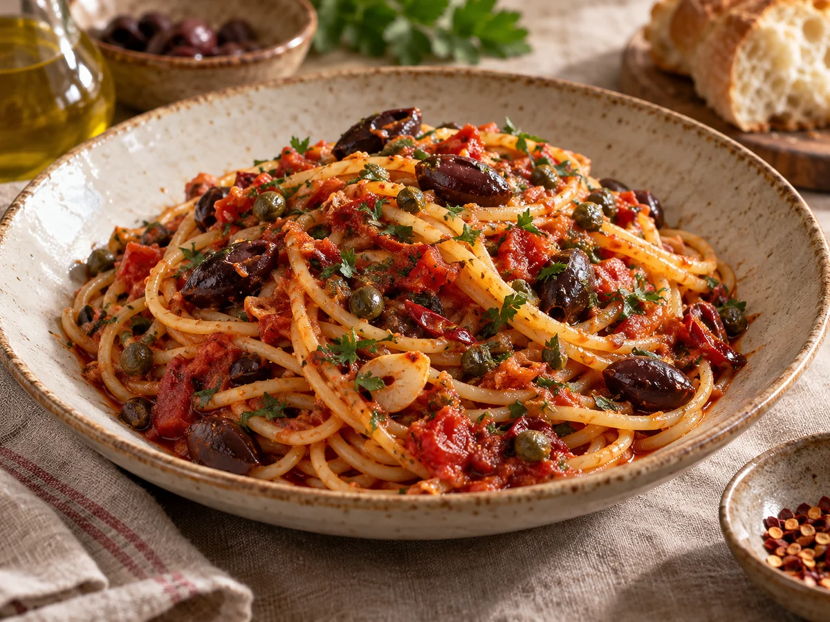 Spaghetti alla puttanesca, italienska rätt från Behnaz kök