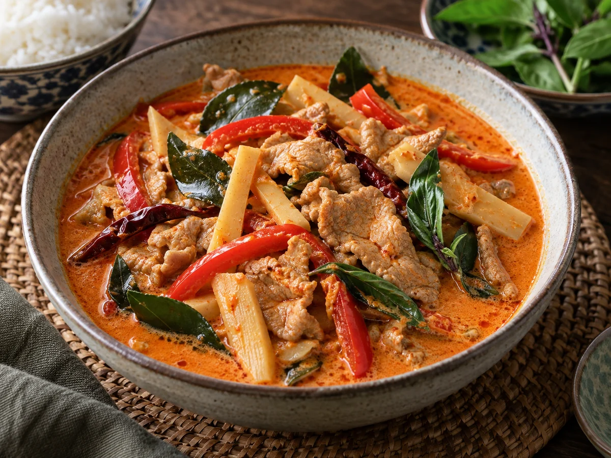 Röd curry med fläsk och bambuskott, thailändska rätt från Behnaz kök
