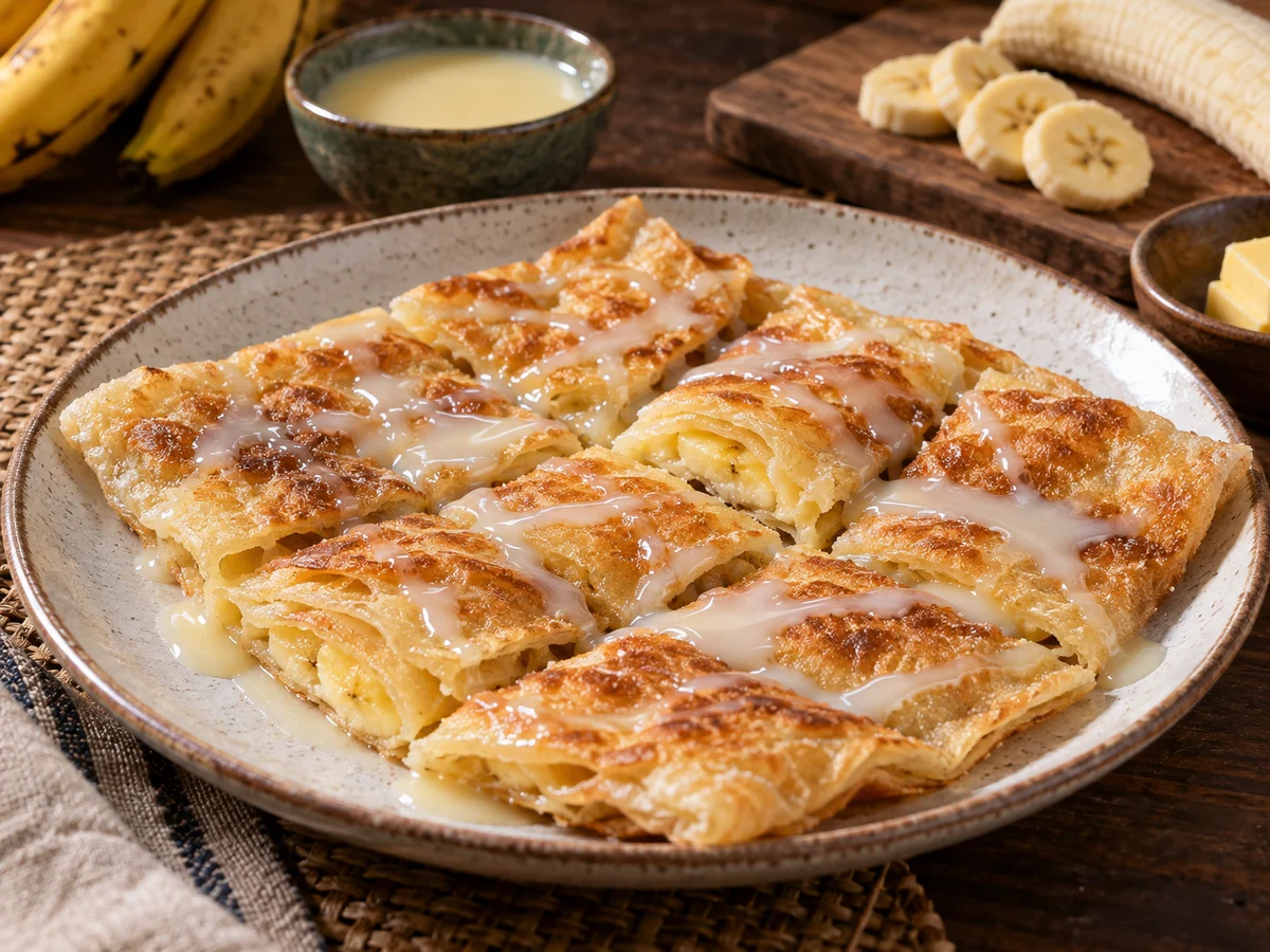 Roti gluay (bananroti med kondenserad mjölk), thailändska rätt från Behnaz kök