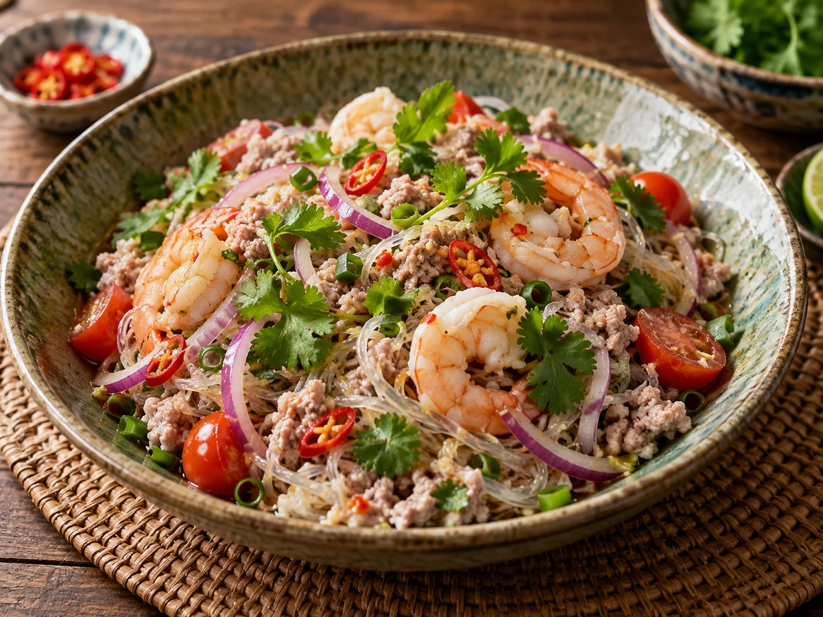 Yam woon sen (glasnudelsallad med räkor), thailändska rätt från Behnaz kök